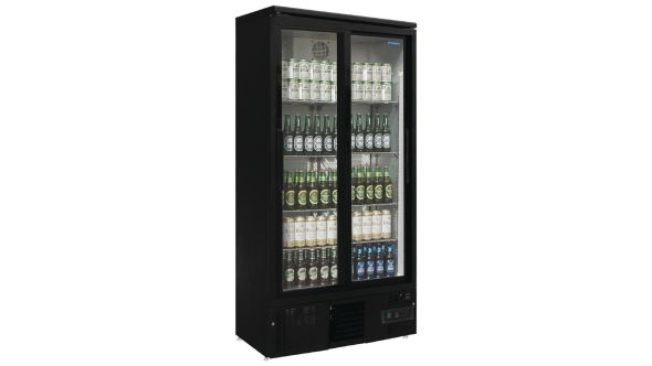 Polar GJ448 Upright Back Bar Cooler with Sliding Doors in Black 490Ltr