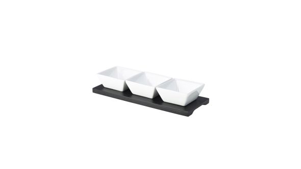 Black Wood Dip Tray Set 27 x 10cm W/ 3 Dishes - pack of 4 - Genware