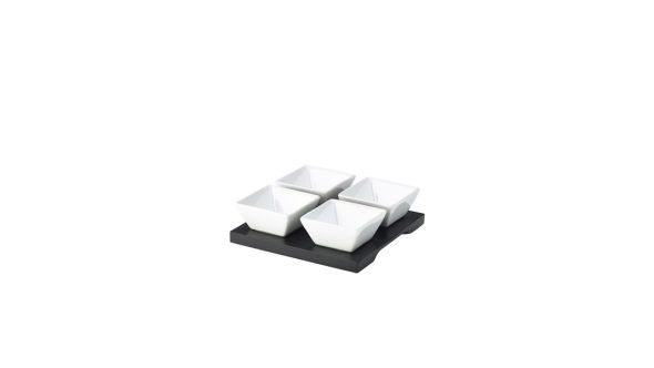 Black Wood Dip Tray Set 15 x 15cm W/ 4 Dishes - pack of 4 - Genware