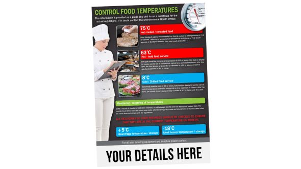 A5 Personalised Control Food Temperatures Notice. S/A. Pack of 20