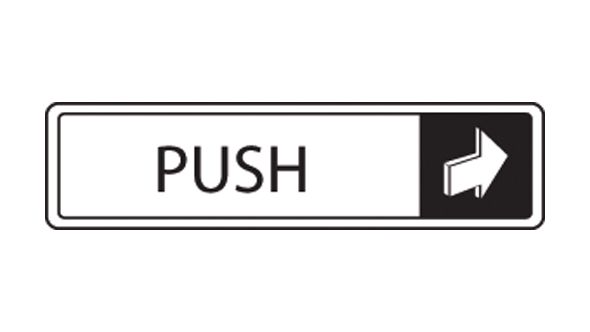 Push horizontal with symbol. Black on white. F/M