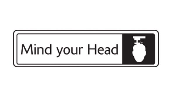 Mind your head with symbol. Black on white. F/M