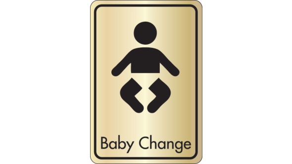 Baby change symbol with text. Black on gold. F/M