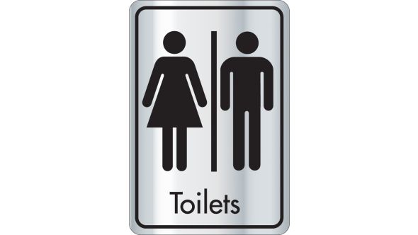 Toilets symbol with text. Black on silver. F/M