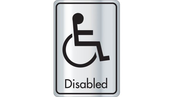 Disabled symbol with text. Black on silver. F/M