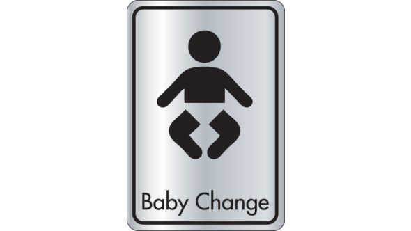 Baby change symbol with text. Black on silver. F/M