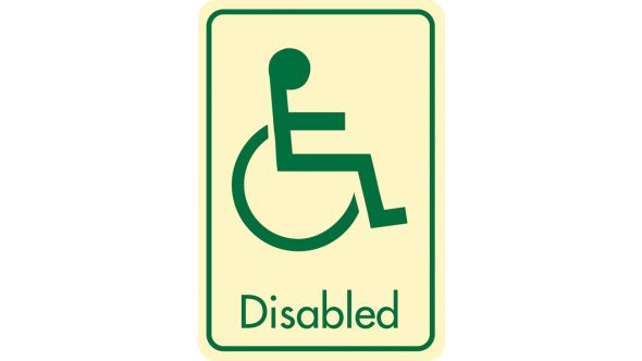 Disabled symbol with text. Cream on green. F/M