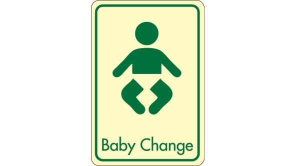 Baby change symbol with text.  Cream on green. F/M