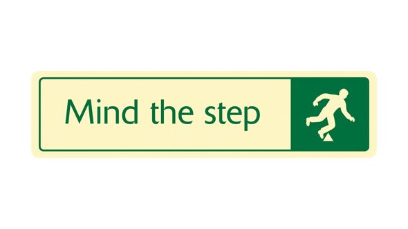 Mind the step with symbol. Cream on green. F/M