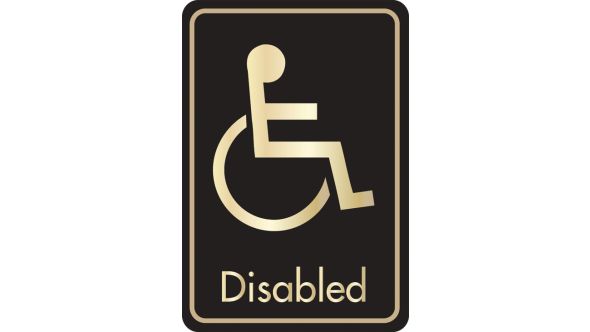 Disabled symbol with text. Gold on black. F/M