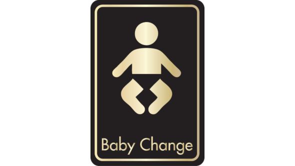 Baby change symbol with text. Gold on black. F/M