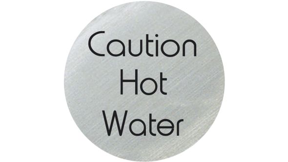 Caution hot water 75mm disc silver finish