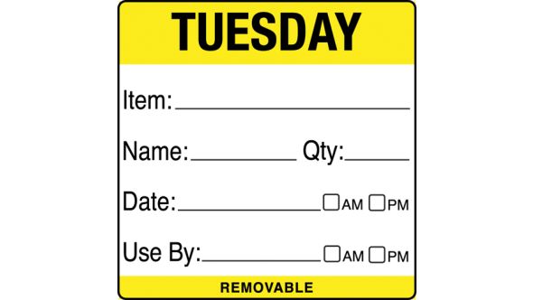 Tuesday item/date/use by 50x50mm Food Labels. 500 per roll