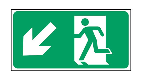 Exit man arrow down left. 150x300mm P/L