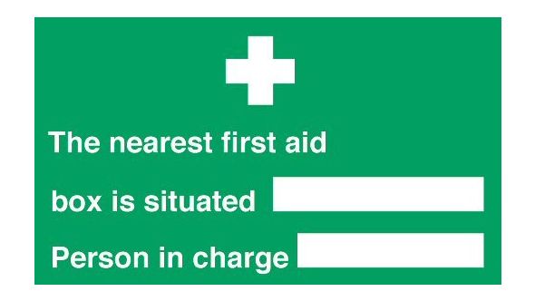 Nearest first aid box/person in charge sign150x300mm self adhesive or polypropylene