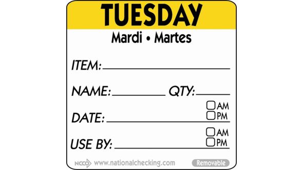 50mm Tuesday  Removable Day Label (500) - Genware