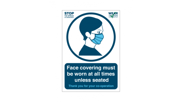 "Please Wear Your Face Covering At All Times Unless Seated" - Vinyl Sticker A4