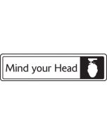 Mind your head with symbol. Black on white. F/M