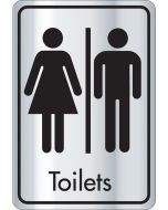 Toilets symbol with text. Black on silver. F/M