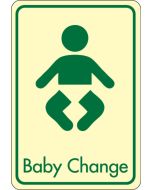 Baby change symbol with text.  Cream on green. F/M