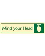 Mind your head with symbol. Cream on green. F/M