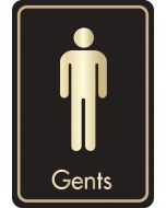 Gents symbol with text. Gold on black. F/M