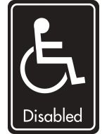 Disabled symbol with text. White on black. F/M